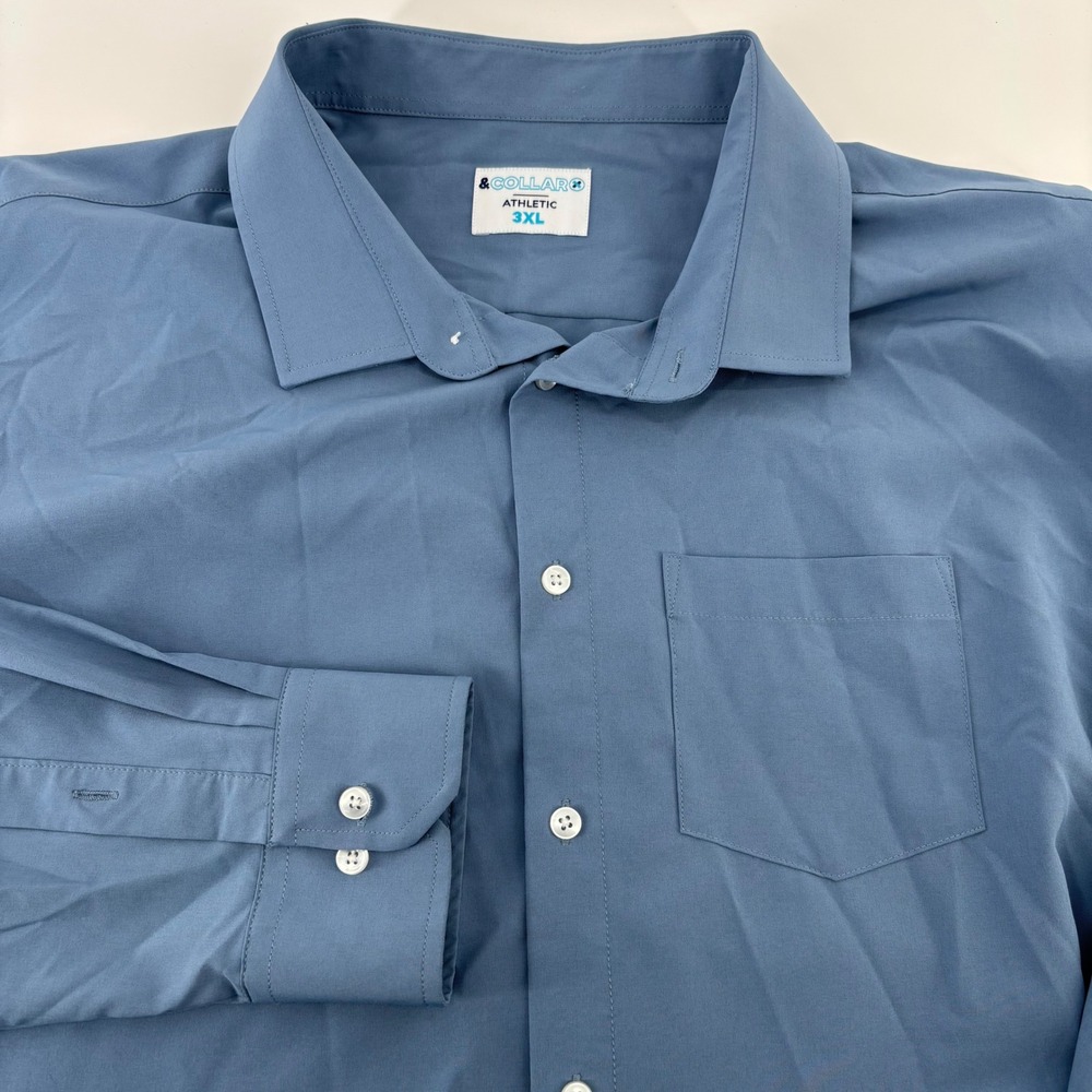 &Collar Dress Shirt Mens 3XL Blue Athletic Performance Stretch Long Sleeve
